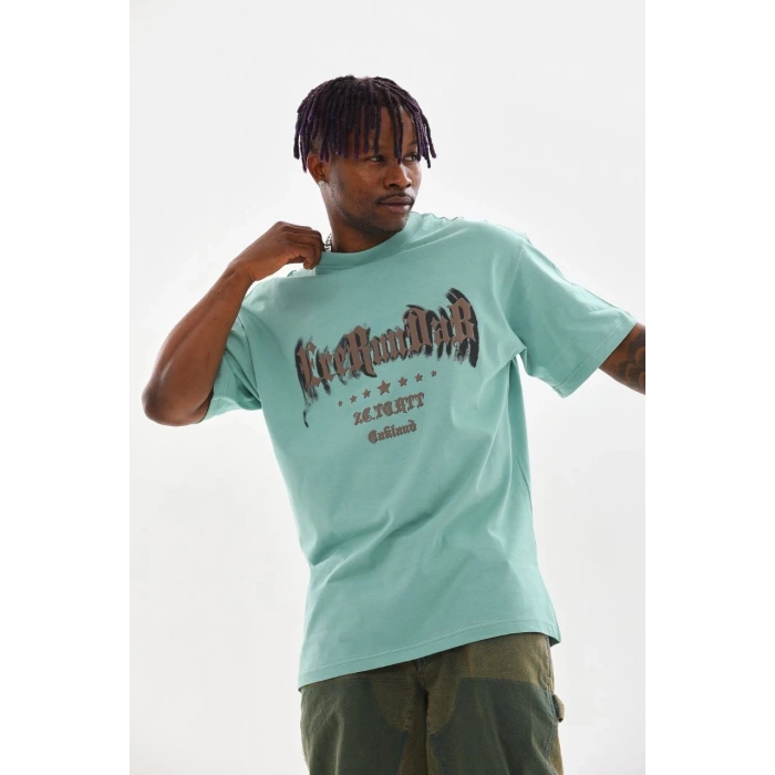 Erkek Baskılı T-Shirt Kısa Kol Bisiklet Yaka Rahat Kalıp Tişört - Mint Yeşili