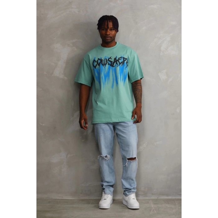 Erkek Baskılı T-Shirt Kısa Kol Bisiklet Yaka Rahat Kalıp Tişört - Mint Yeşili