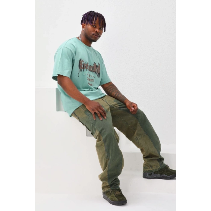 Erkek Baskılı T-Shirt Kısa Kol Bisiklet Yaka Rahat Kalıp Tişört - Mint Yeşili