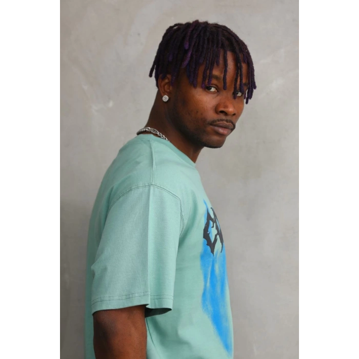 Erkek Baskılı T-Shirt Kısa Kol Bisiklet Yaka Rahat Kalıp Tişört - Mint Yeşili