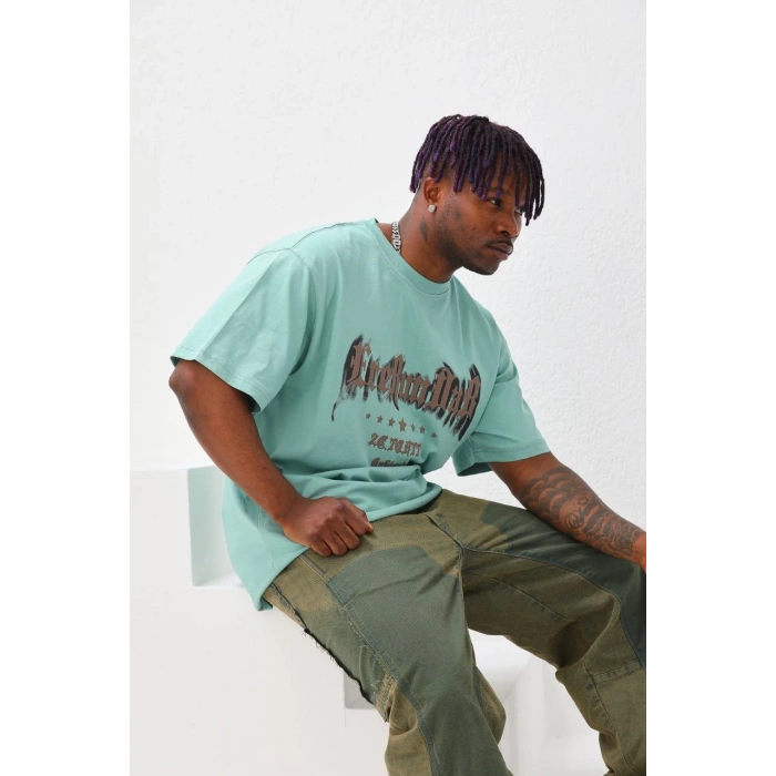 Erkek Baskılı T-Shirt Kısa Kol Bisiklet Yaka Rahat Kalıp Tişört - Mint Yeşili