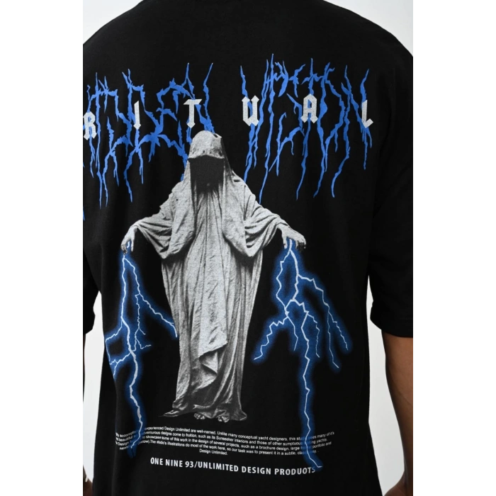 Unisex Baskılı Oversize T-Shirt - Siyah