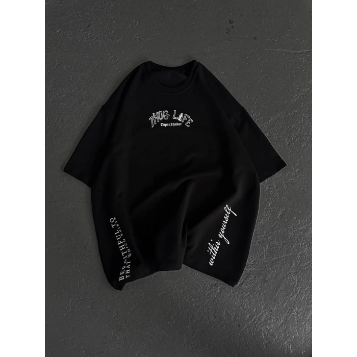 Unisex Baskılı Oversize T-Shirt - Siyah