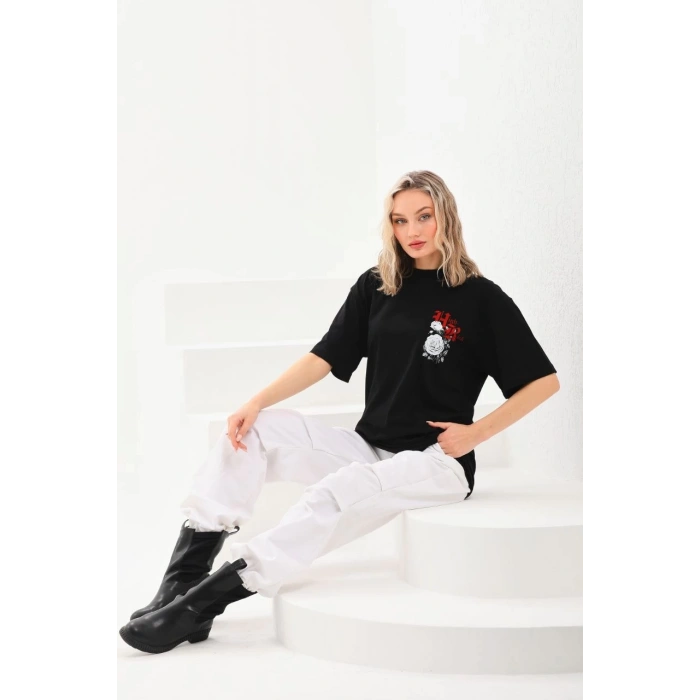 Unisex Baskılı Oversize T-Shirt - Siyah