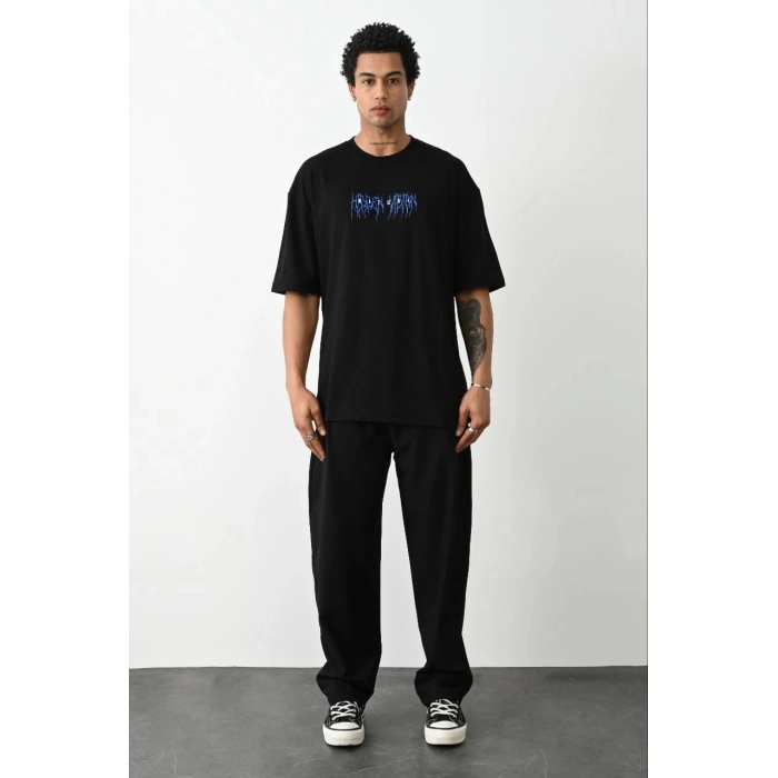 Unisex Baskılı Oversize T-Shirt - Siyah