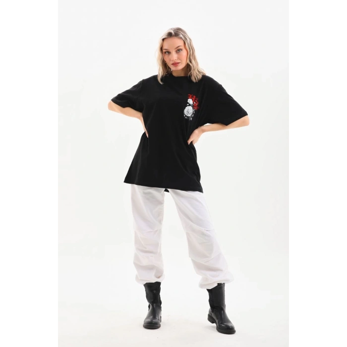Unisex Baskılı Oversize T-Shirt - Siyah