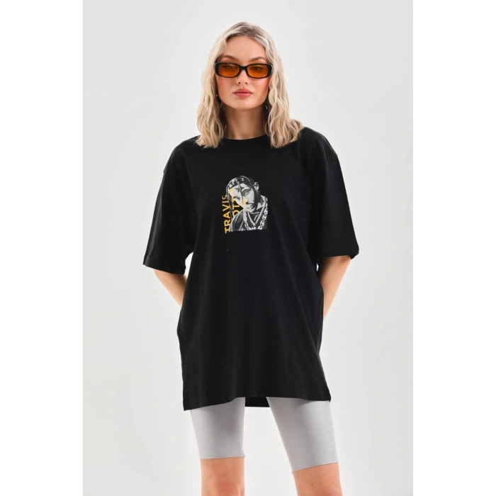 Unisex Baskılı Oversize T-Shirt - Siyah