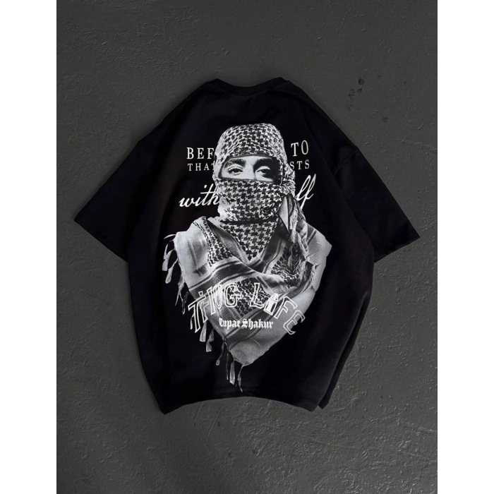 Unisex Baskılı Oversize T-Shirt - Siyah