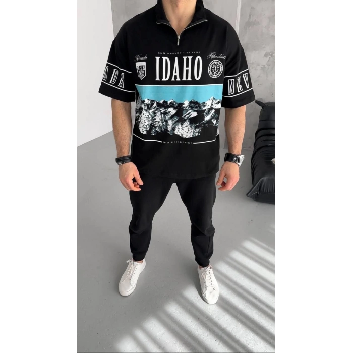 Unisex Baskılı Yarım Fermuarlı T-Shirt - Siyah