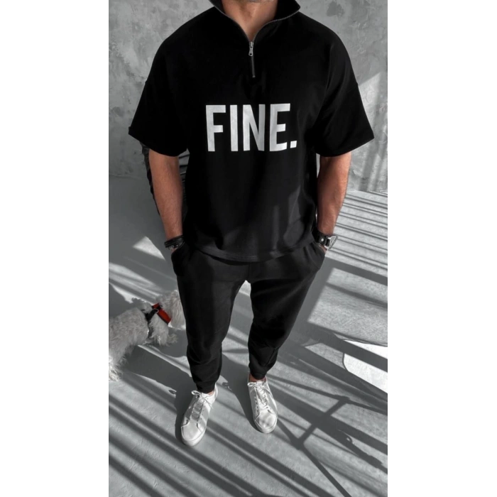 Unisex Baskılı Yarım Fermuarlı T-Shirt - Siyah