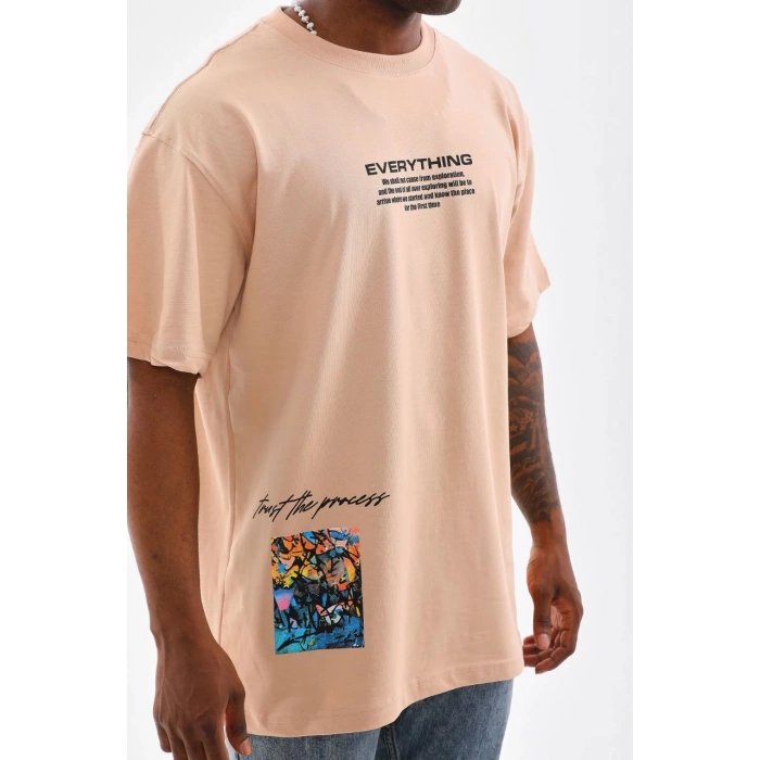 Unisex Bisiklet Yaka Baskılı Oversize T-Shirt - Bej