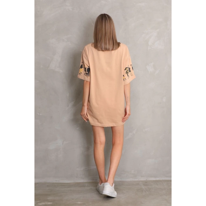 Unisex Bisiklet Yaka Baskılı Oversize T-Shirt - Bej