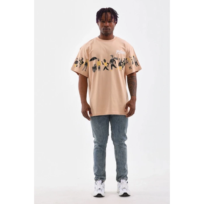 Unisex Bisiklet Yaka Baskılı Oversize T-Shirt - Bej