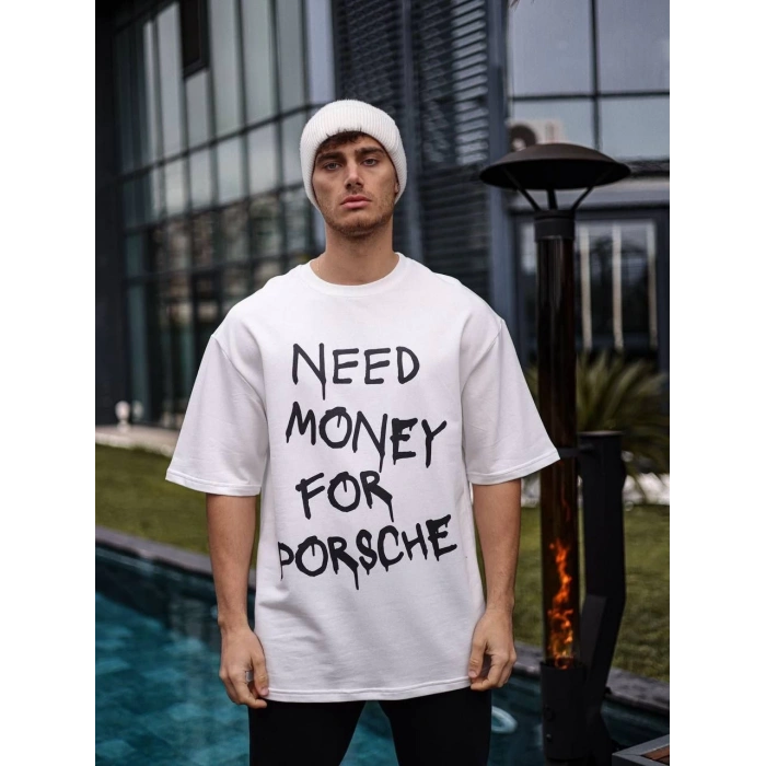 Unisex Bisiklet Yaka Baskılı Oversize T-Shirt - Beyaz