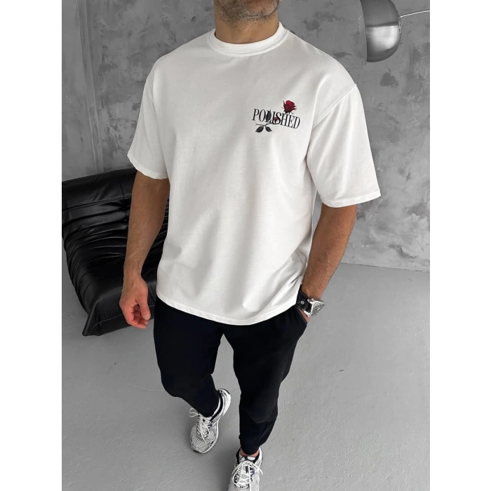 Unisex Bisiklet Yaka Baskılı Oversize T-Shirt - Beyaz