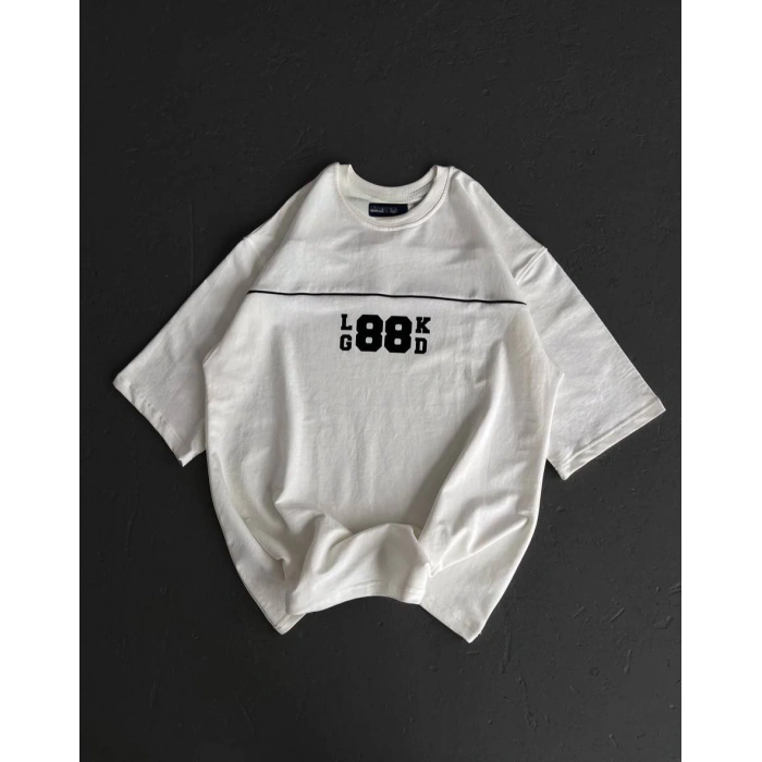 Unisex Bisiklet Yaka Baskılı Oversize T-Shirt - Beyaz