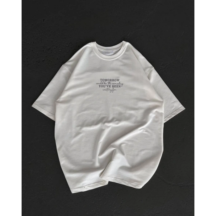 Unisex Bisiklet Yaka Baskılı Oversize T-Shirt - Beyaz