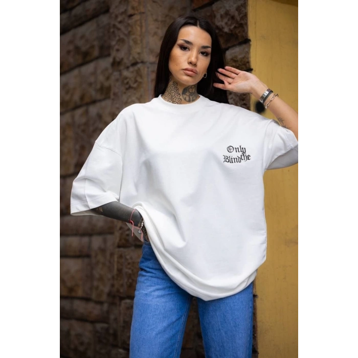 Unisex Bisiklet Yaka Baskılı Oversize T-Shirt - Beyaz