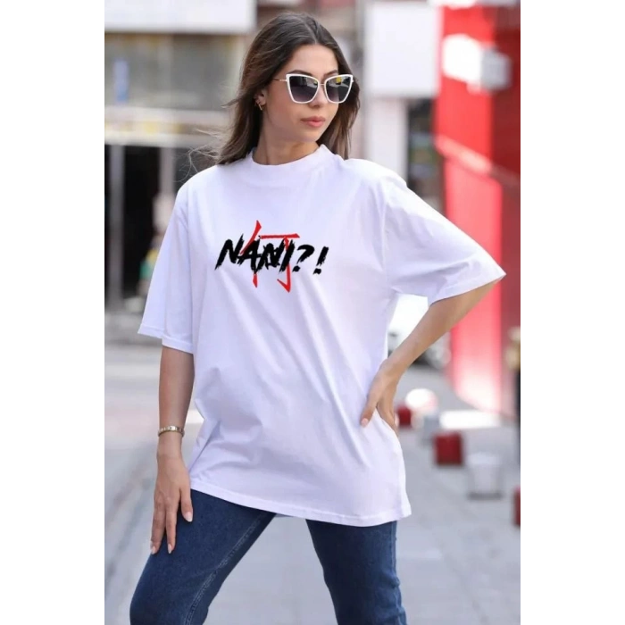 Unisex Bisiklet Yaka Baskılı Oversize T-Shirt - Beyaz