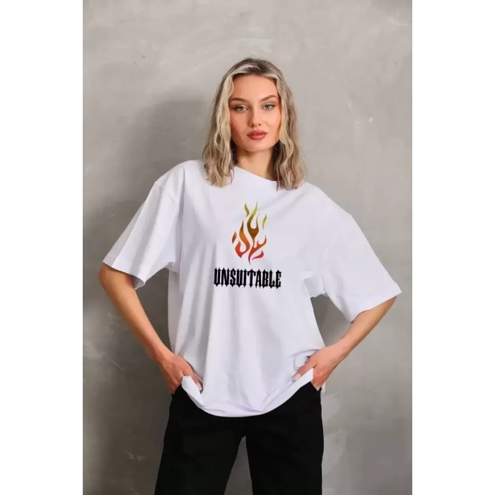 Unisex Bisiklet Yaka Baskılı Oversize T-Shirt - Beyaz