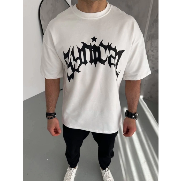 Unisex Bisiklet Yaka Baskılı Oversize T-Shirt - Beyaz