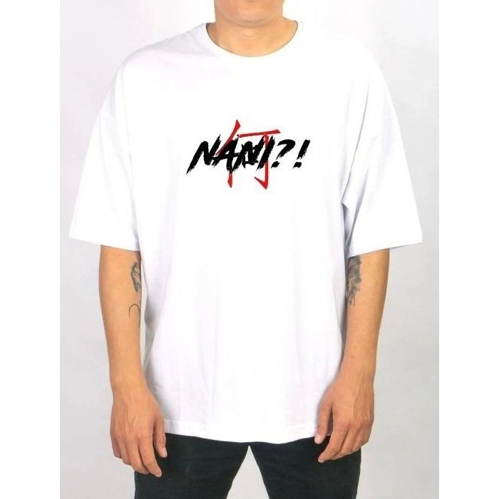 Unisex Bisiklet Yaka Baskılı Oversize T-Shirt - Beyaz