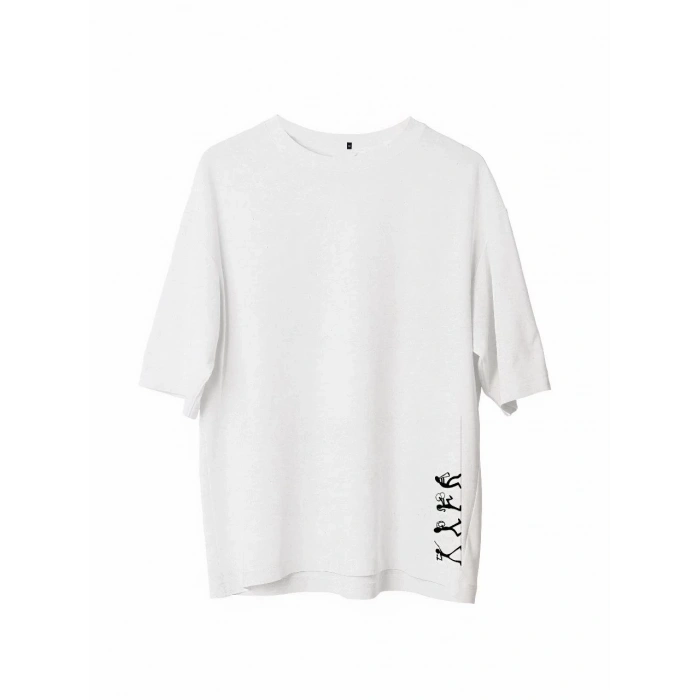 Unisex Bisiklet Yaka Baskılı Oversize T-Shirt - Beyaz