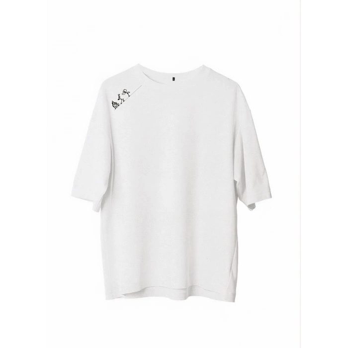 Unisex Bisiklet Yaka Baskılı Oversize T-Shirt - Beyaz