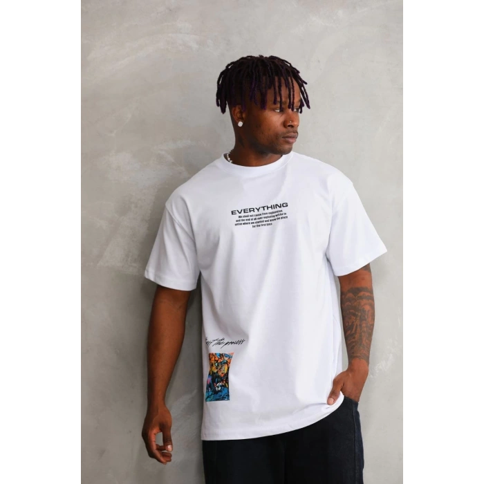 Unisex Bisiklet Yaka Baskılı Oversize T-Shirt - Beyaz