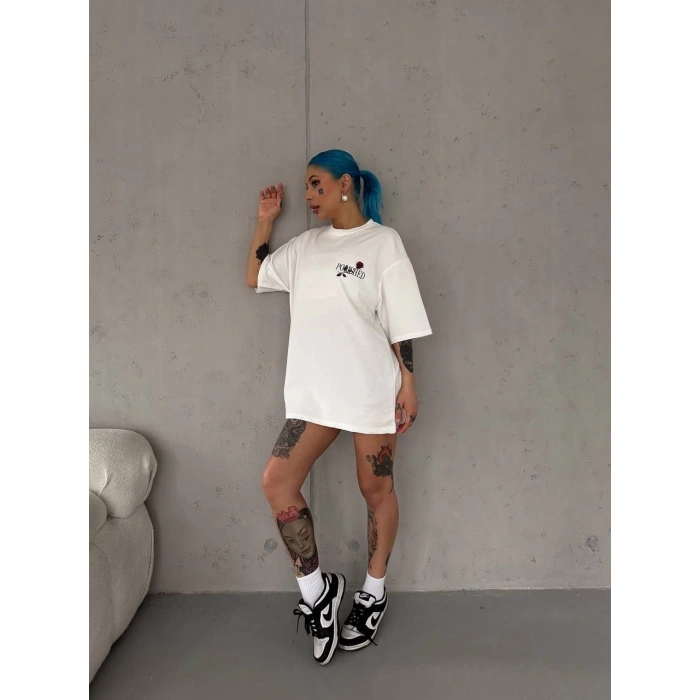 Unisex Bisiklet Yaka Baskılı Oversize T-Shirt - Beyaz