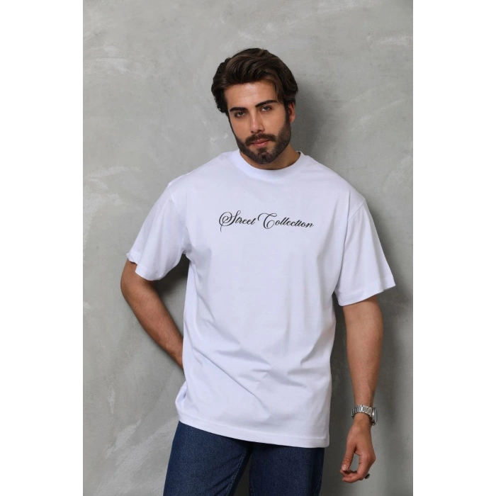 Unisex Bisiklet Yaka Baskılı Oversize T-Shirt - Beyaz
