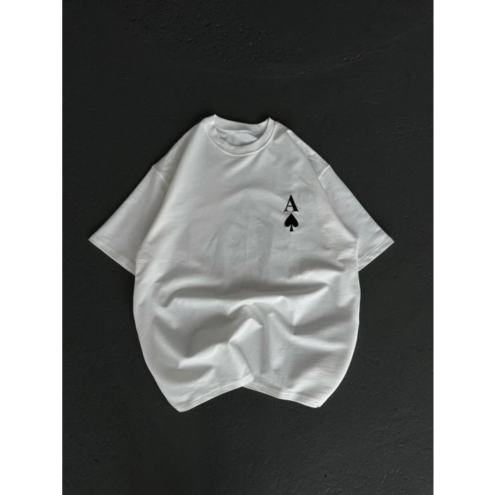 Unisex Bisiklet Yaka Baskılı Oversize T-Shirt - Beyaz