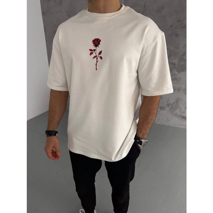 Unisex Bisiklet Yaka Baskılı Oversize T-Shirt - Beyaz