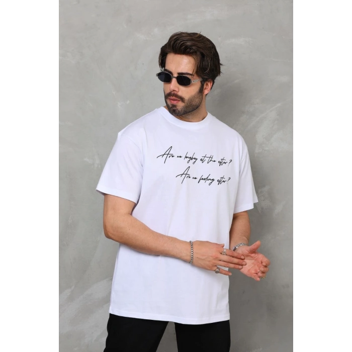 Unisex Bisiklet Yaka Baskılı Oversize T-Shirt - Beyaz
