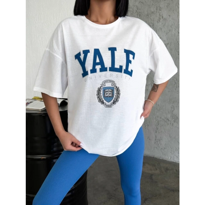 Kadın Baskılı T-Shirt Kısa Kol Bisiklet Yaka Regular Fit Rahat Kalıp Günlük Tişört - Beyaz