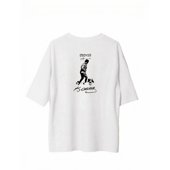 Unisex Bisiklet Yaka Baskılı Oversize T-Shirt - Beyaz