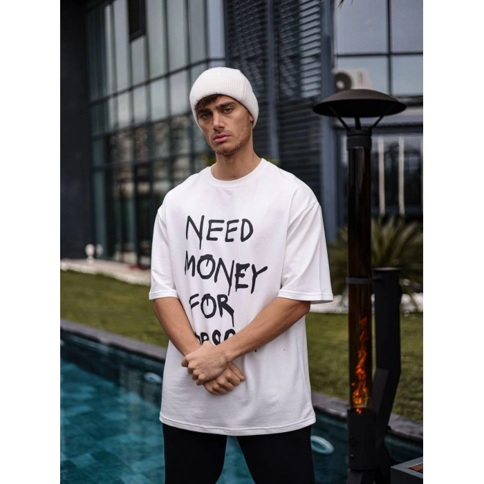 Unisex Bisiklet Yaka Baskılı Oversize T-Shirt - Beyaz