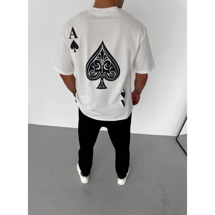 Unisex Bisiklet Yaka Baskılı Oversize T-Shirt - Beyaz