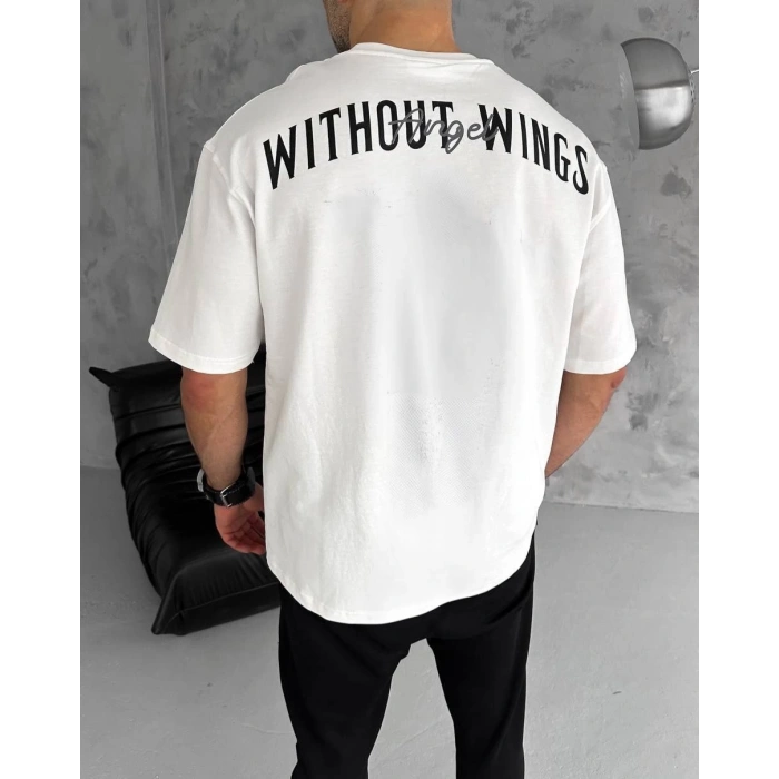 Unisex Bisiklet Yaka Baskılı Oversize T-Shirt - Beyaz