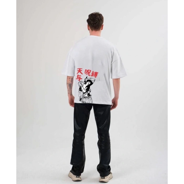 Unisex Bisiklet Yaka Baskılı Oversize T-Shirt - Beyaz