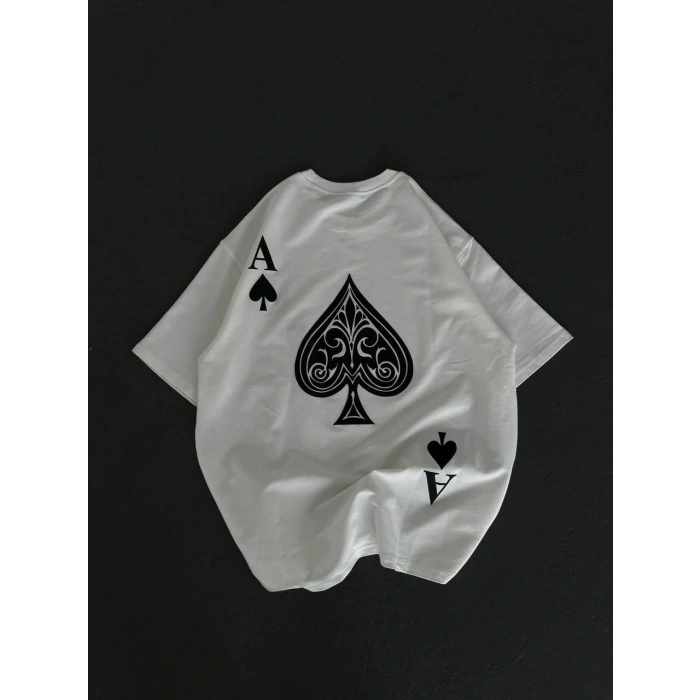 Unisex Bisiklet Yaka Baskılı Oversize T-Shirt - Beyaz