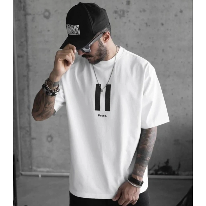 Unisex Bisiklet Yaka Baskılı Oversize T-Shirt - Beyaz