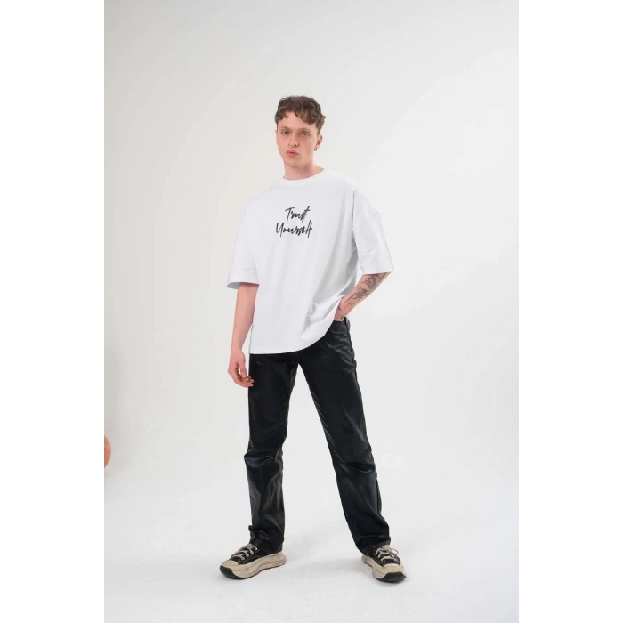 Unisex Bisiklet Yaka Baskılı Oversize T-Shirt - Beyaz