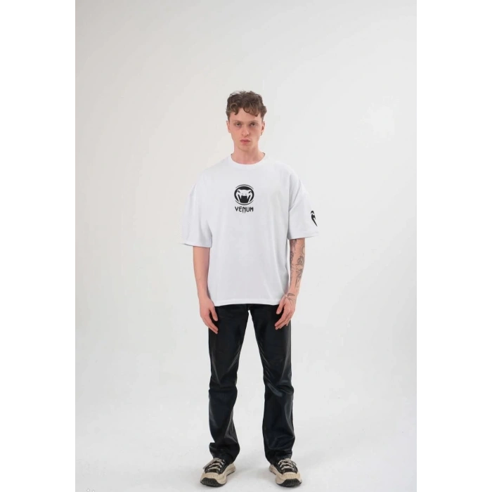 Unisex Bisiklet Yaka Baskılı Oversize T-Shirt - Beyaz