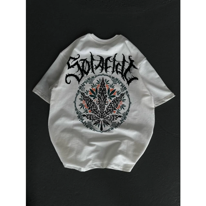 Unisex Bisiklet Yaka Baskılı Oversize T-Shirt - Beyaz