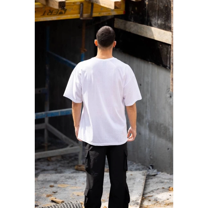 Unisex Bisiklet Yaka Baskılı Oversize T-Shirt - Beyaz