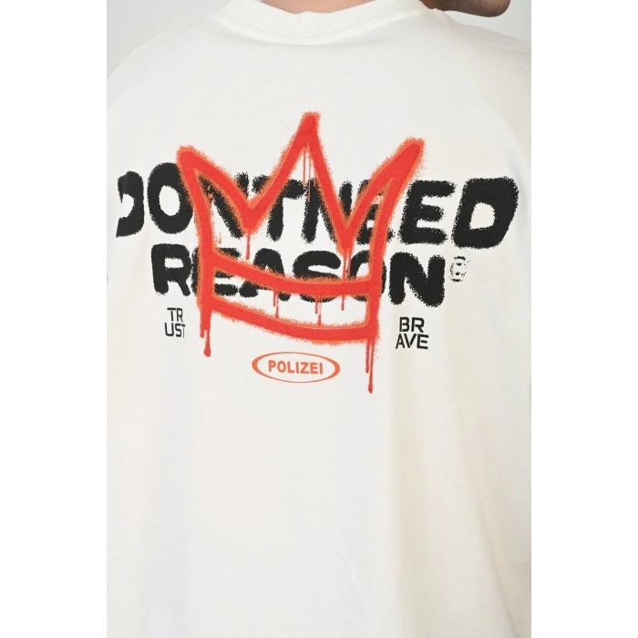 Unisex Bisiklet Yaka Baskılı Oversize T-Shirt - Beyaz