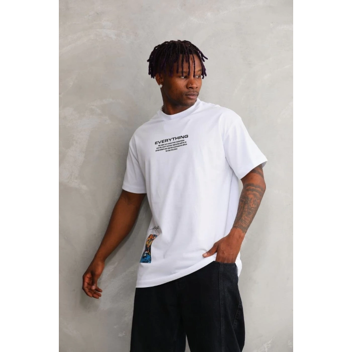 Unisex Bisiklet Yaka Baskılı Oversize T-Shirt - Beyaz