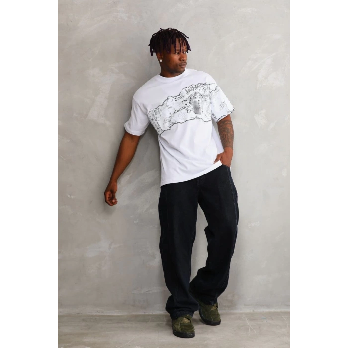 Unisex Bisiklet Yaka Baskılı Oversize T-Shirt - Beyaz