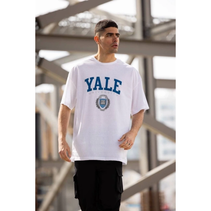 Unisex Bisiklet Yaka Baskılı Oversize T-Shirt - Beyaz